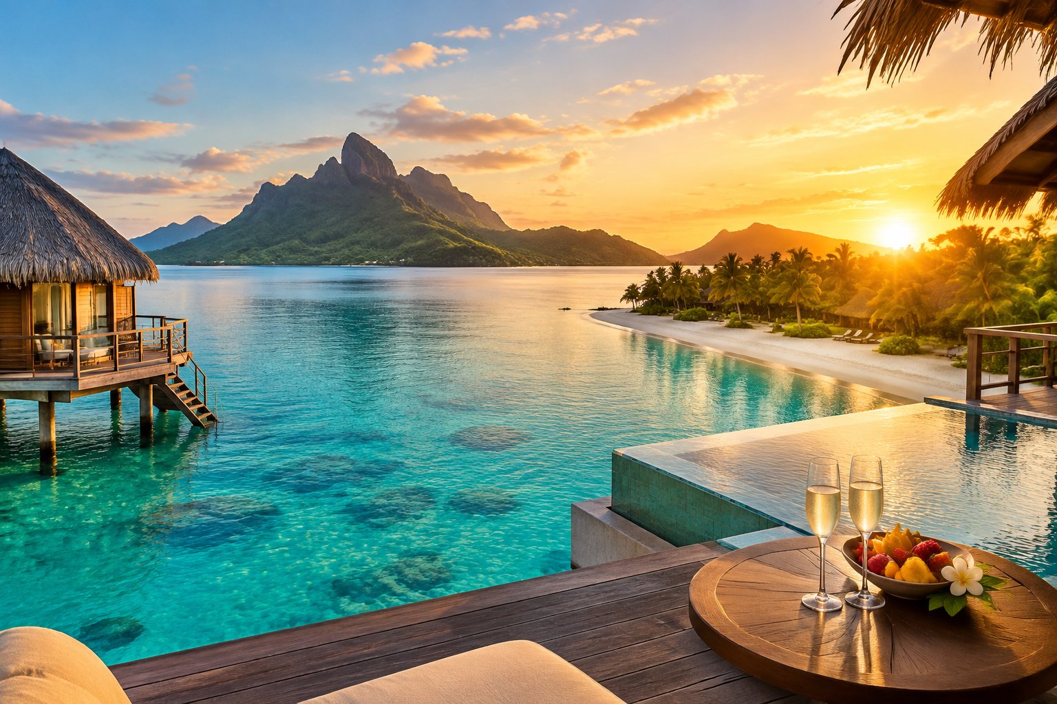 A luxury overwater resort beside a turquoise lagoon at sunset, with champagne glasses on a private terrace.