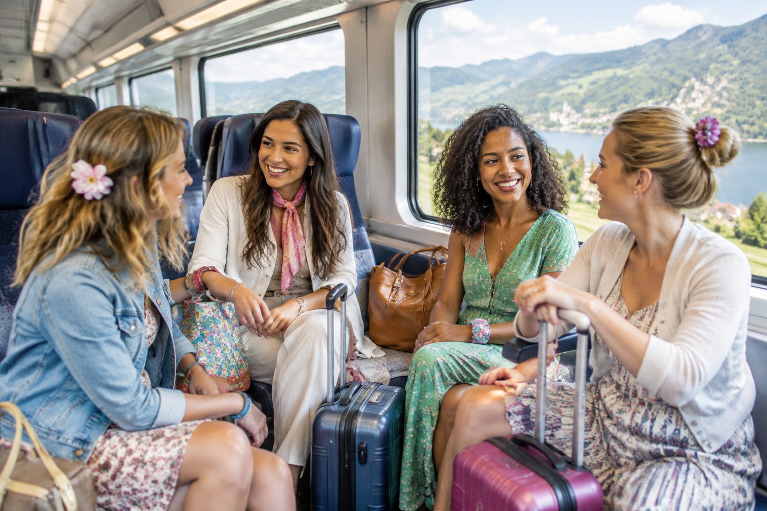 A group of friends celebrating together on a modern train as they travel through a scenic countryside.