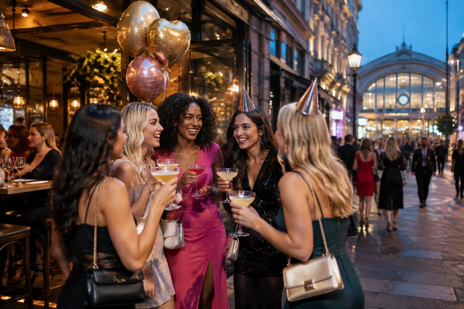 A group of women celebrating a hen party outside a lively city restaurant and bar at night.