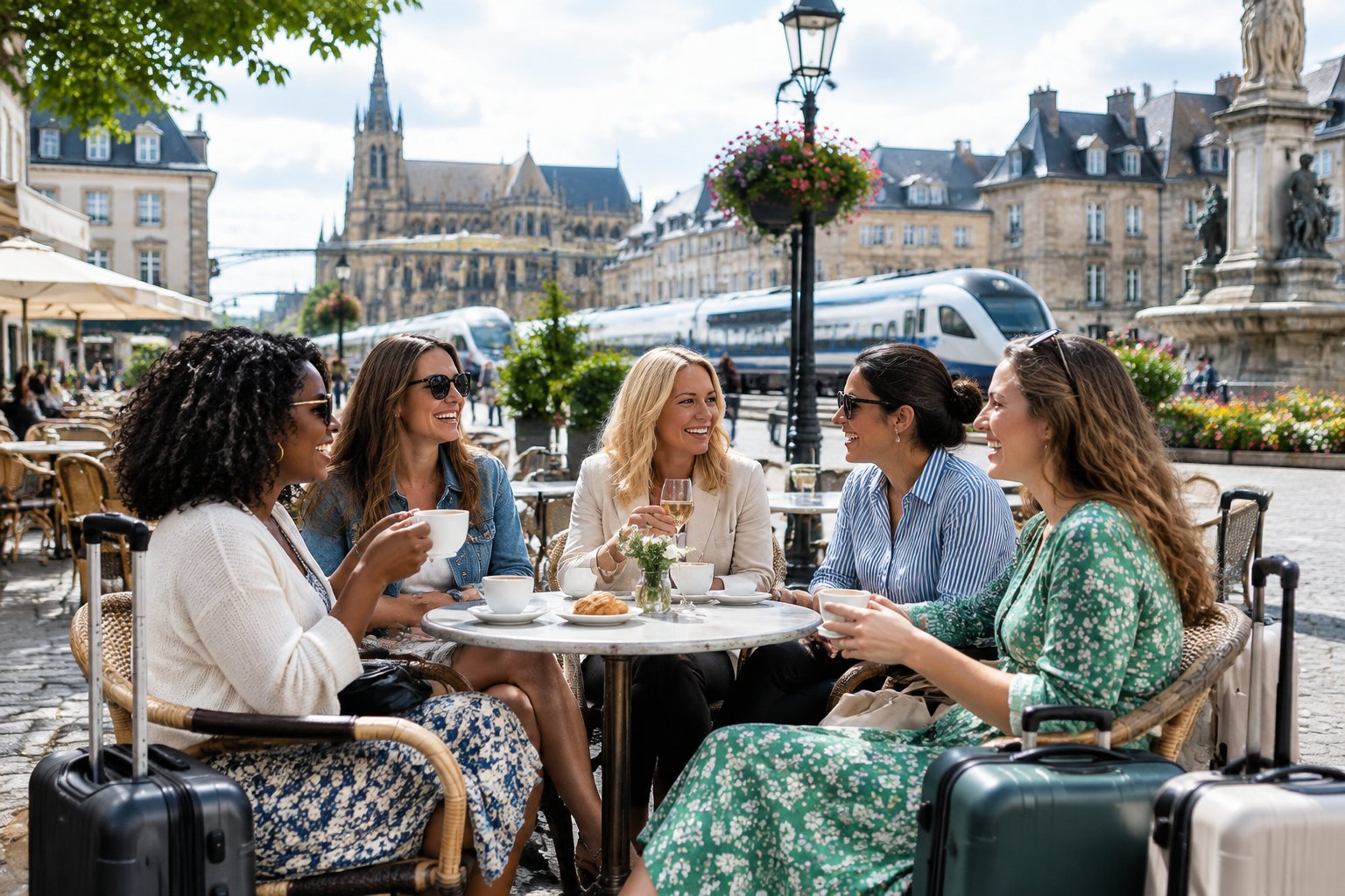 A group of adult friends enjoying a relaxed celebration in a historic town near a passenger train.