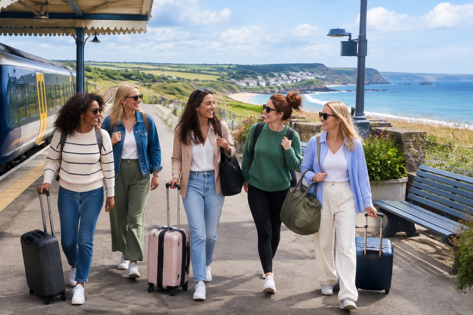 A group of women friends arrive by train at a scenic station near the countryside and coast.