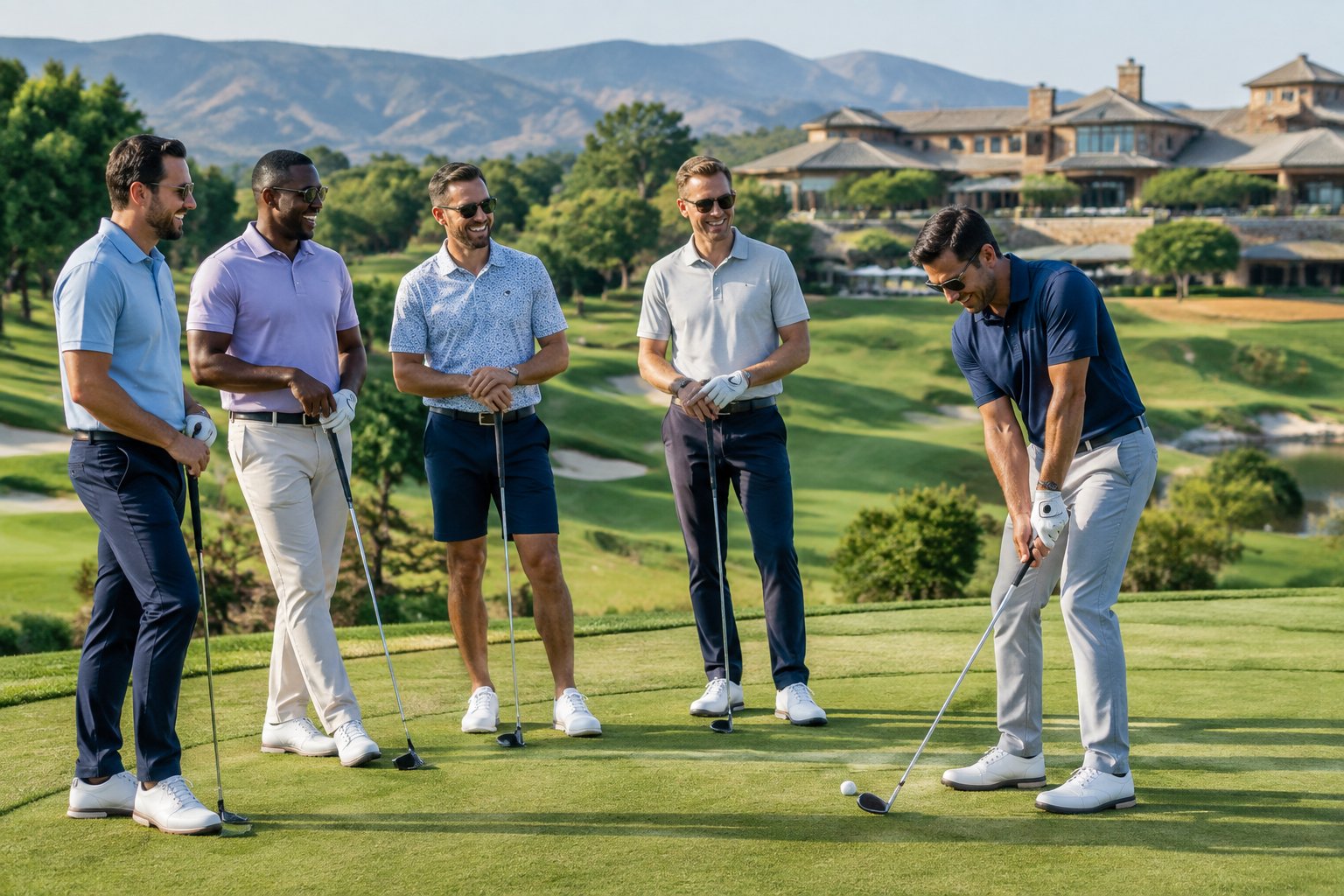 A group of friends enjoying a golf outing at a scenic resort course.