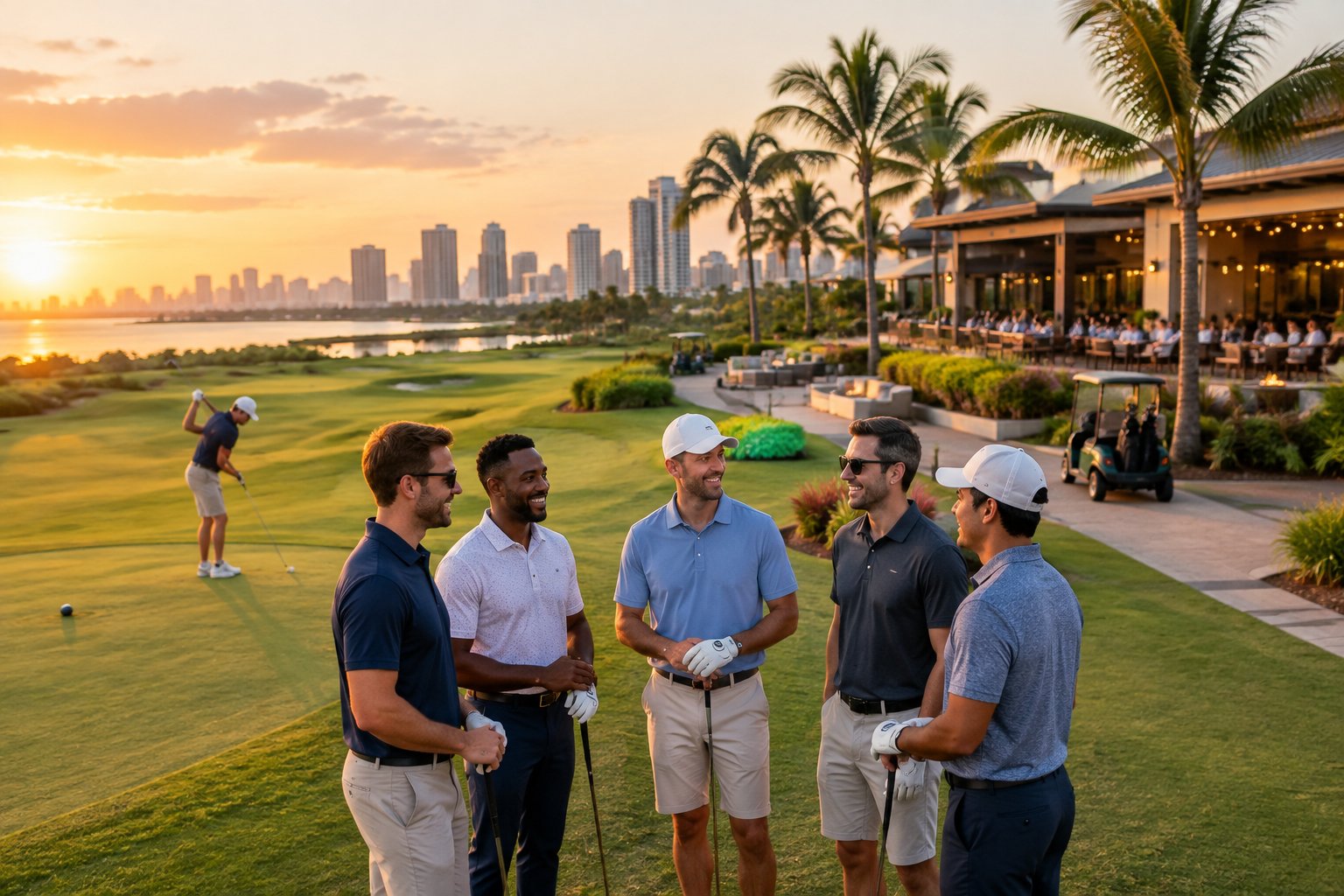 Friends gather beside a manicured golf course near a resort clubhouse and evening lounge.