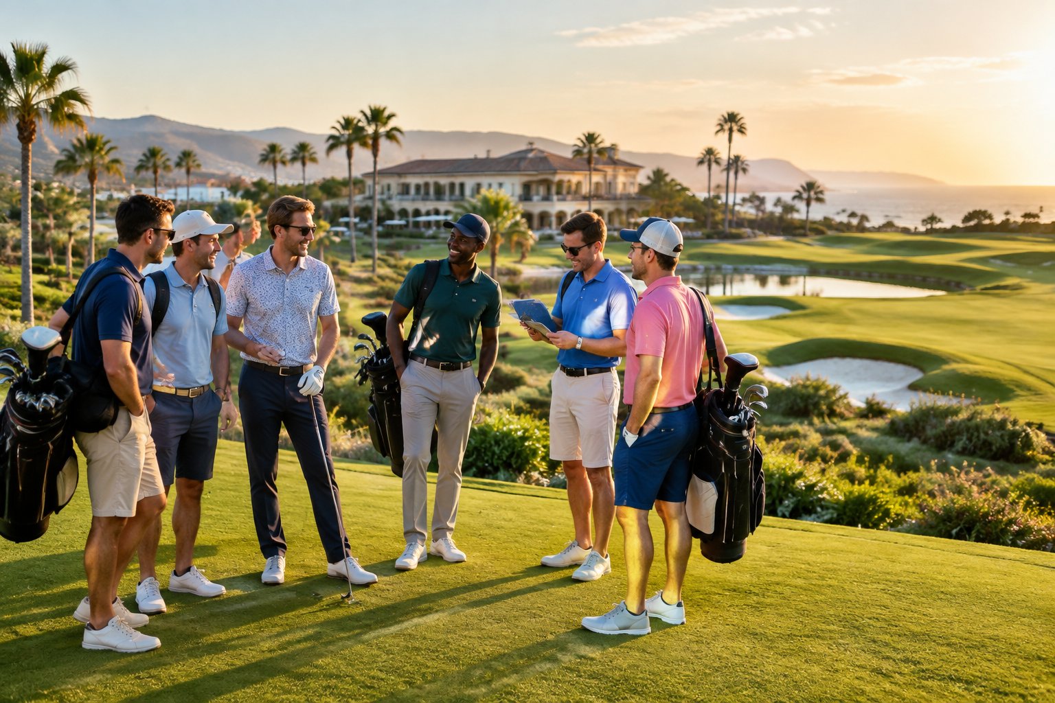 A group of friends enjoying a round of golf at a scenic luxury resort.