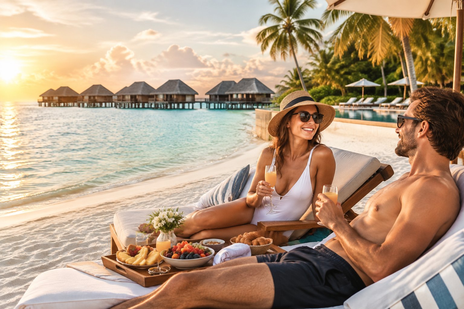 Newlywed couple relaxing at a tropical all-inclusive beach resort with palm trees, turquoise water, and overwater bungalows.