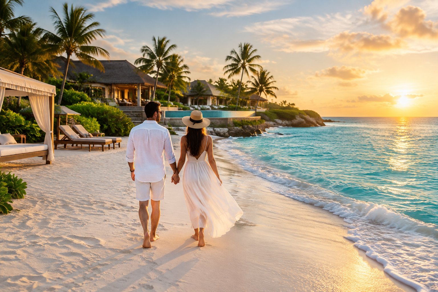 A newlywed couple walks hand in hand along a tropical beach toward a luxurious beachfront resort.