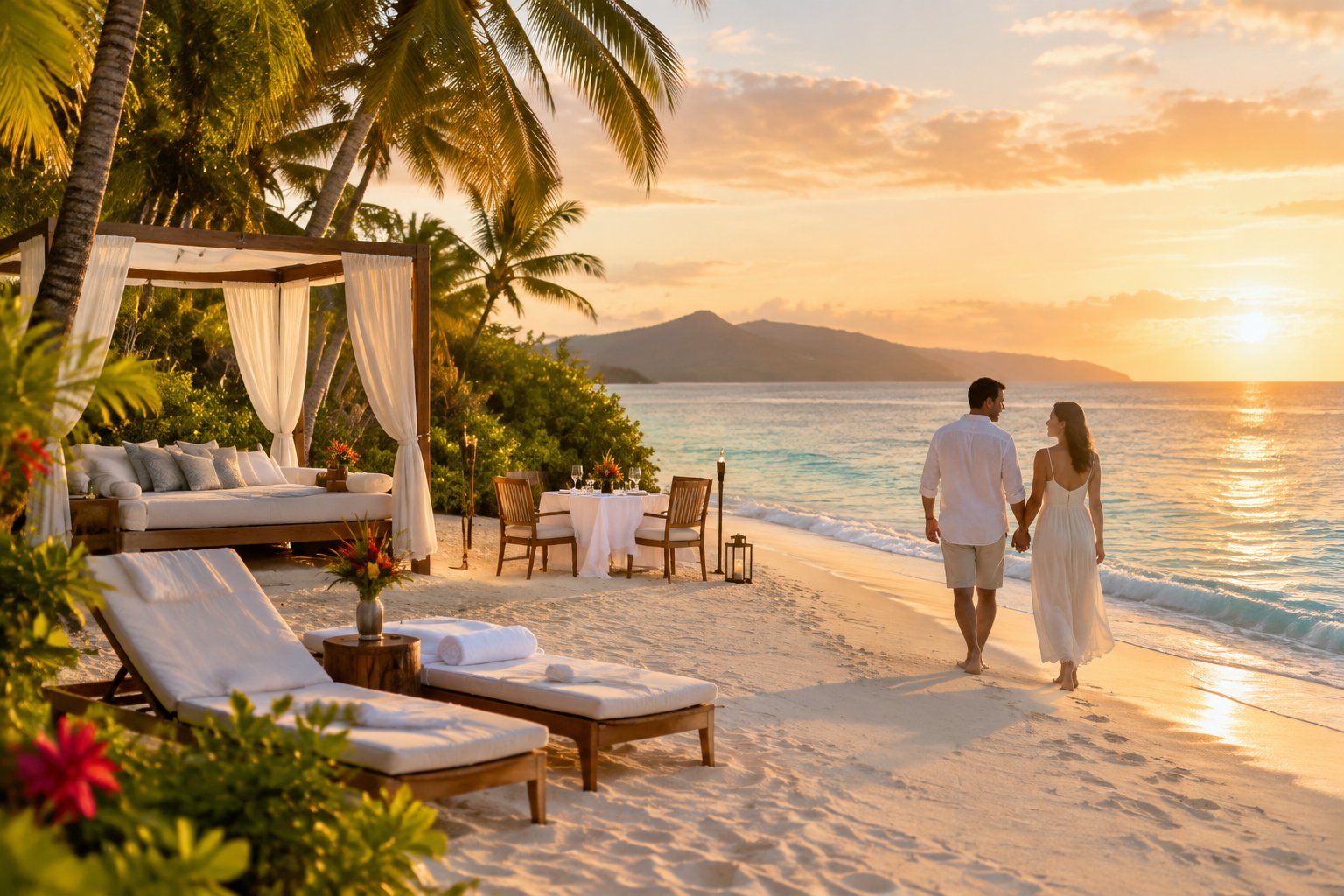 A couple walks along a tropical Caribbean beach beside a luxurious resort at sunset.