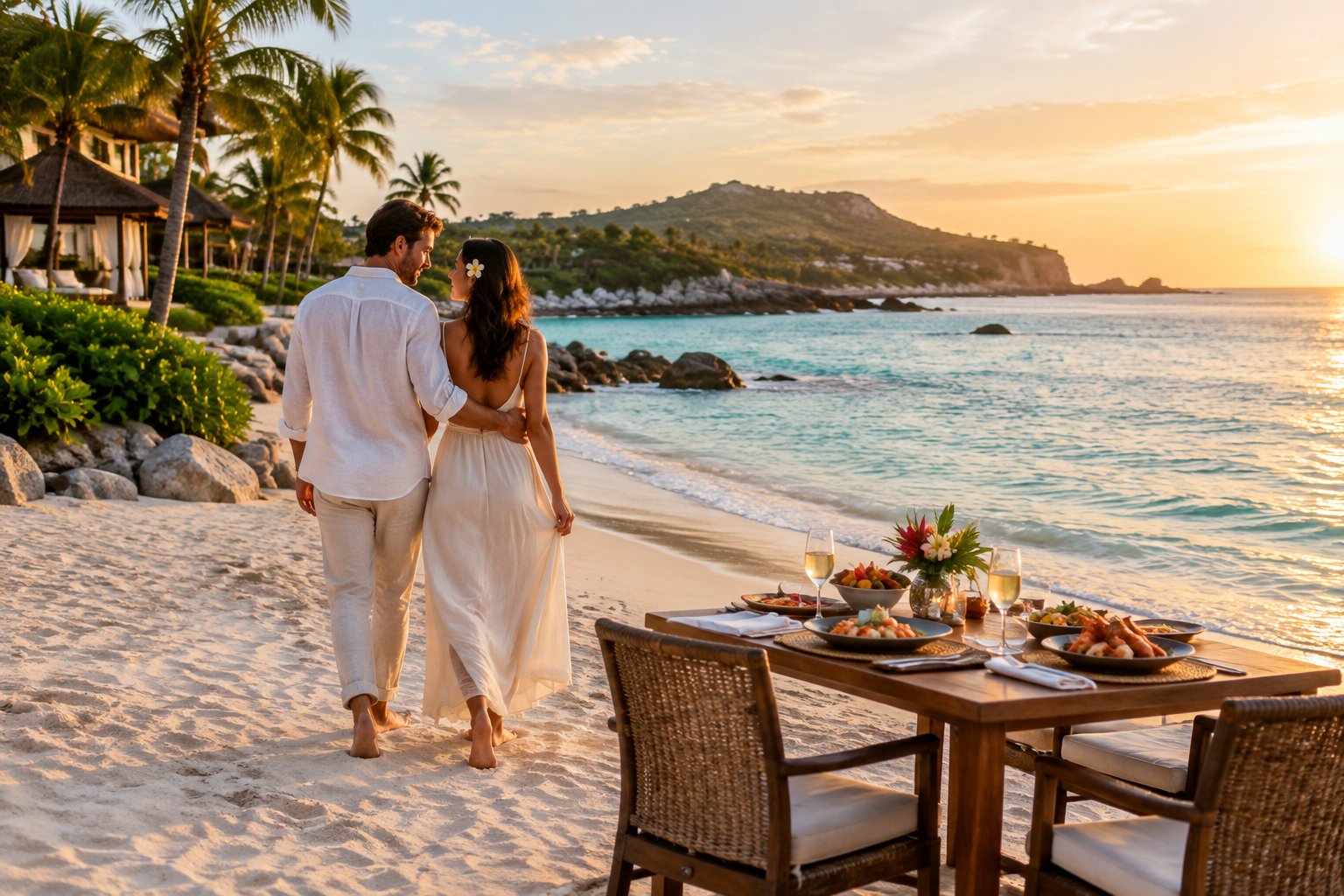 A couple walks along a Mexican beach beside a romantic dinner table overlooking turquoise water.