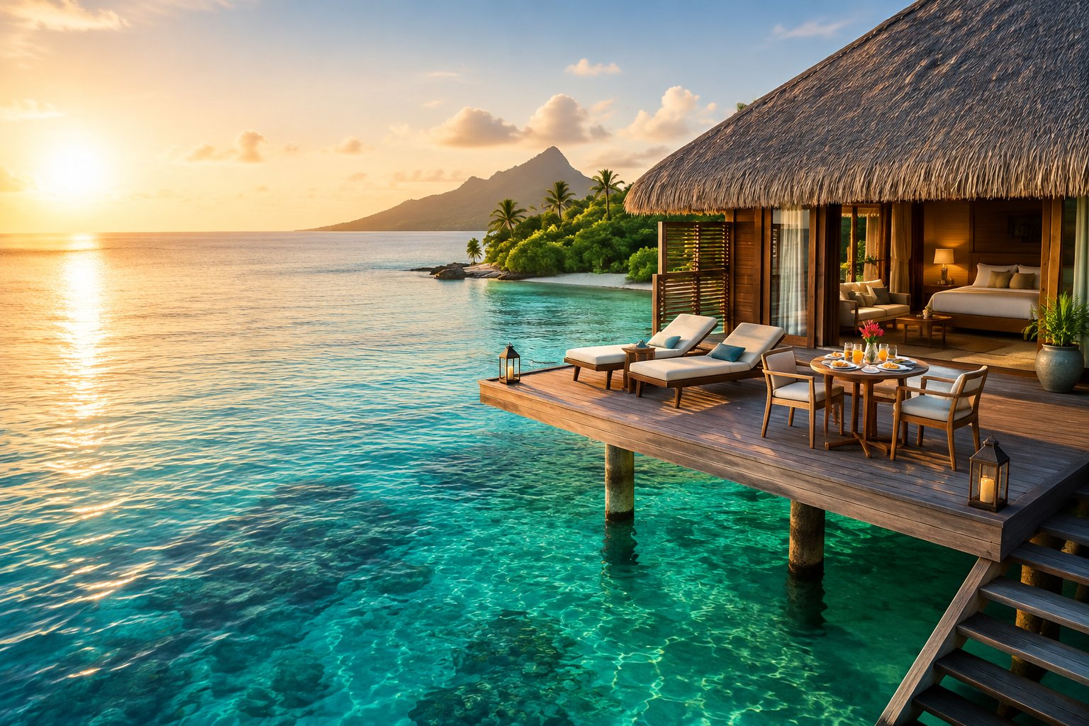 A luxurious overwater bungalow with a private deck overlooking clear turquoise water and a tropical island.
