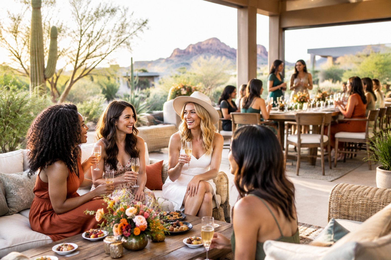 A group of women celebrating at an elegant indoor-outdoor event venue in Chandler.