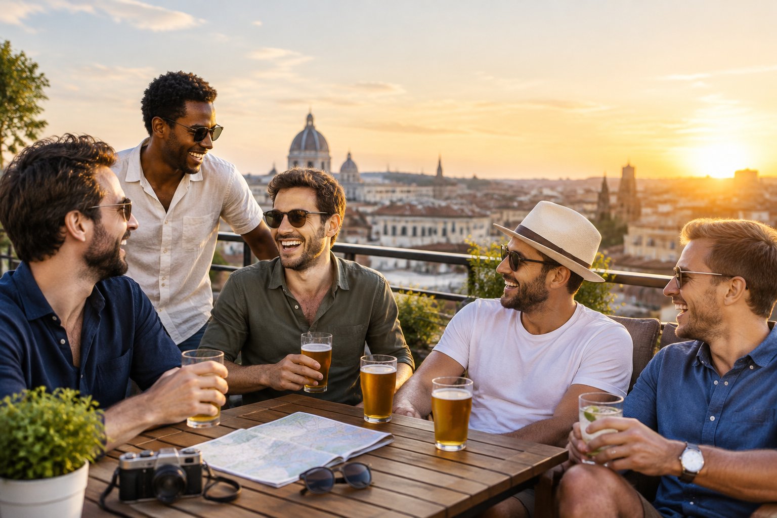 A group of friends enjoying drinks together on a rooftop overlooking a sunny European city.