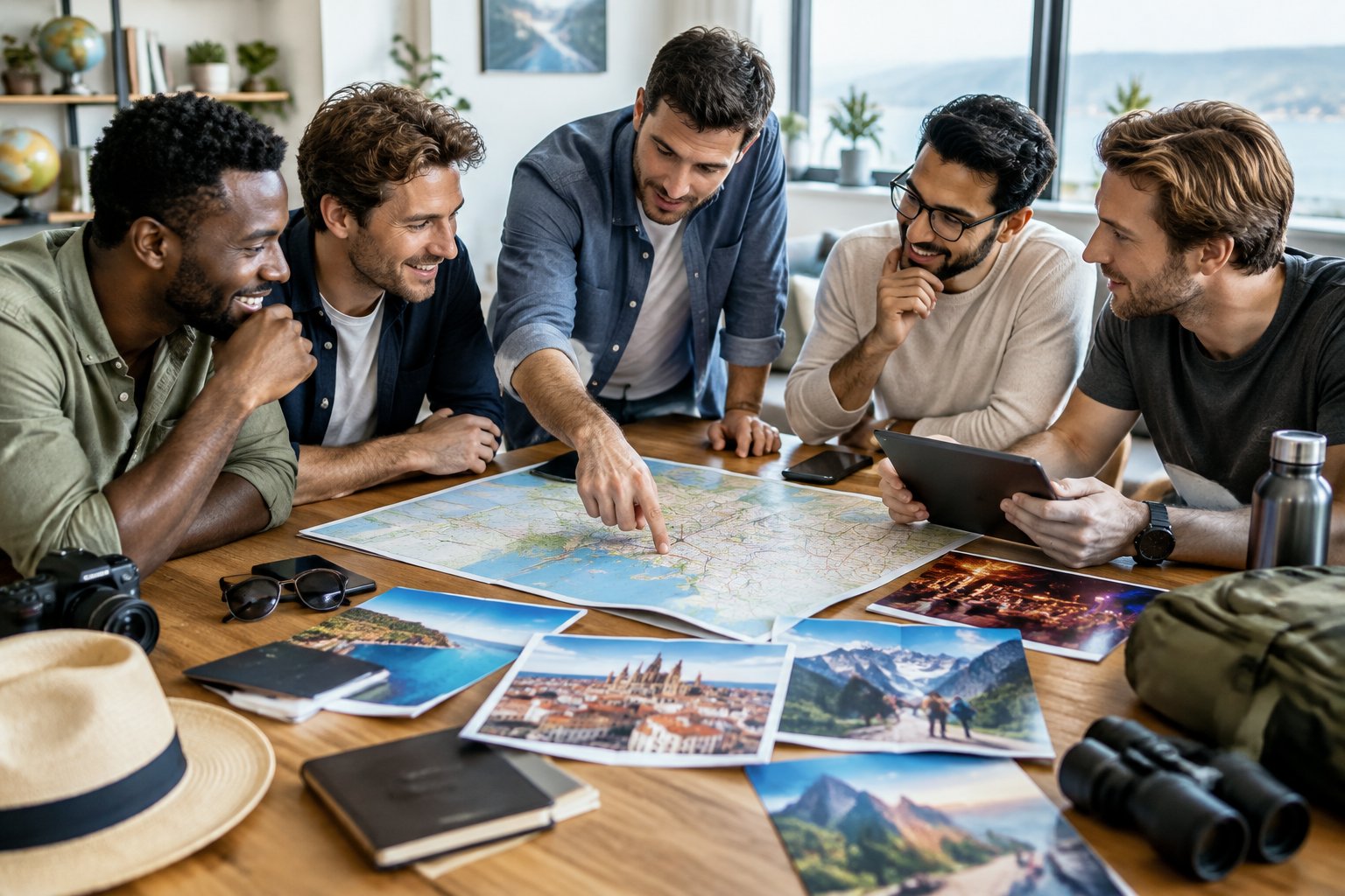 A group of friends compares maps, travel guides, and destination ideas while planning a trip together.