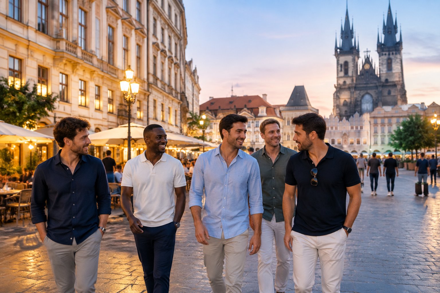 A group of friends enjoying an evening in a lively historic city square.