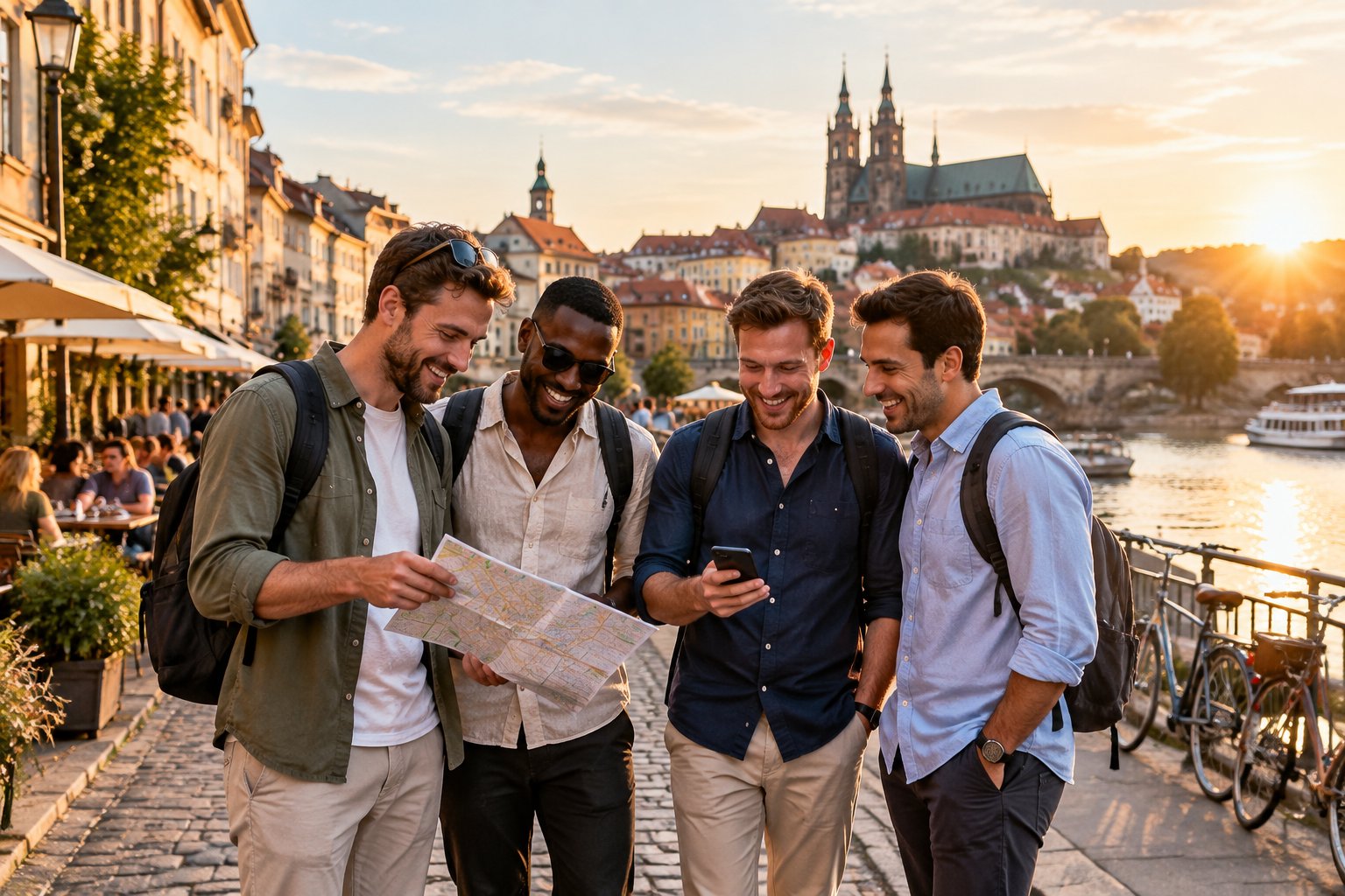 A group of friends exploring a lively historic European city square during a sunny evening.