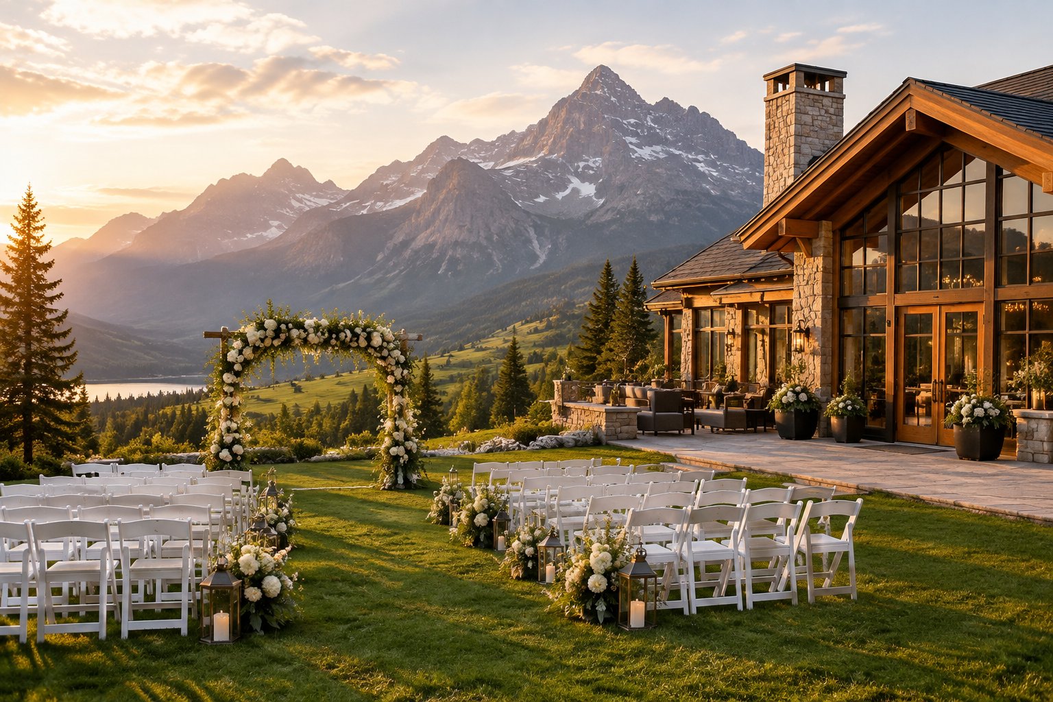An elegant wedding venue with outdoor ceremony seating set against a scenic mountain landscape.