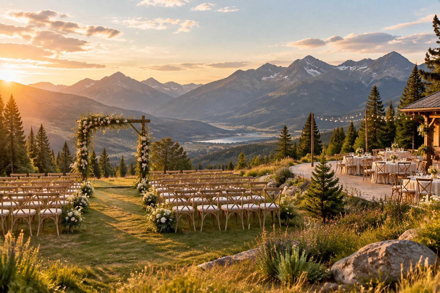 An elegant outdoor wedding ceremony overlooking layered mountain peaks and a forested valley.