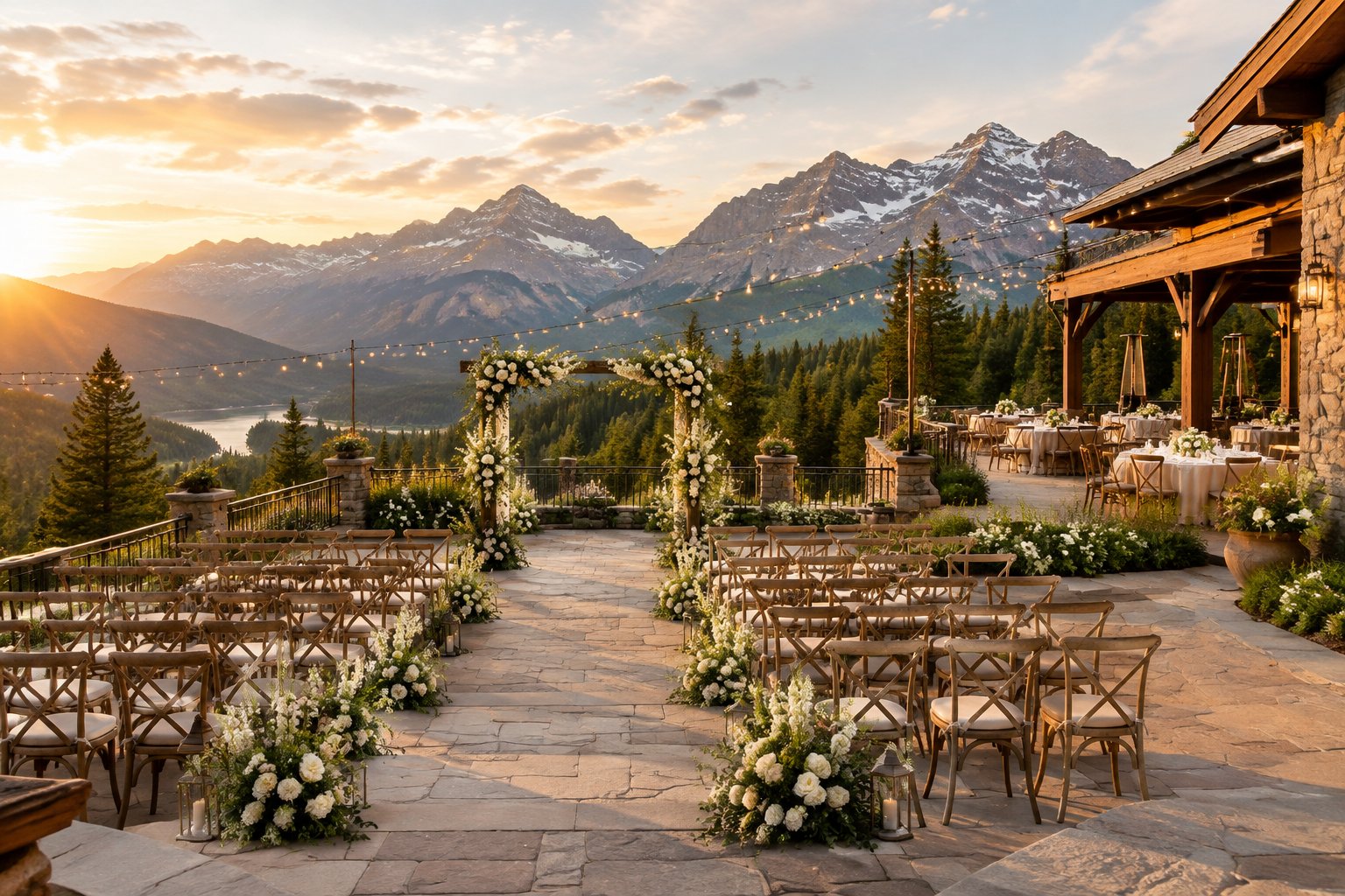 Elegant wedding venue on a mountain terrace overlooking alpine peaks and evergreen forests.