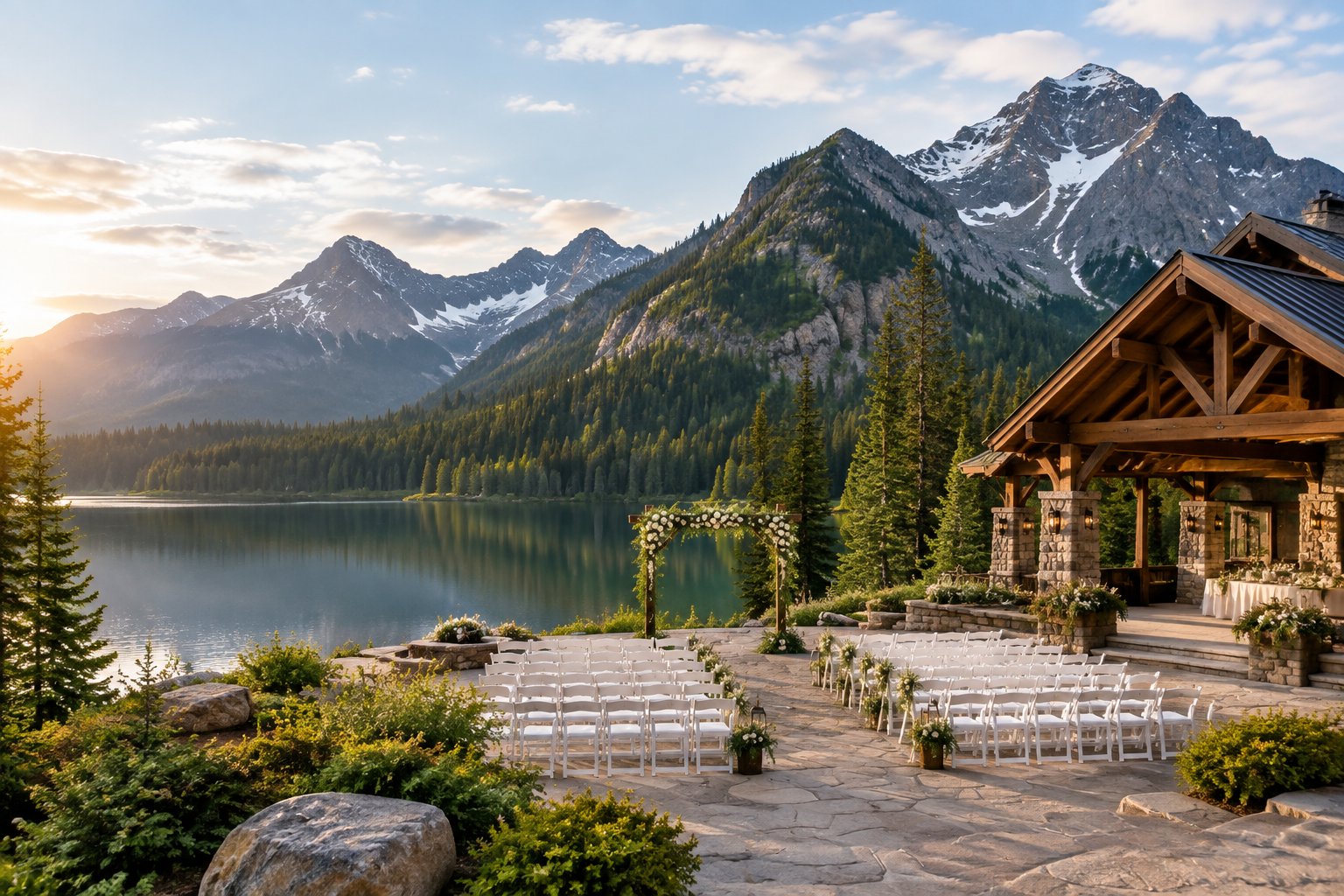 A lakeside wedding venue surrounded by evergreen forests and dramatic mountain peaks.