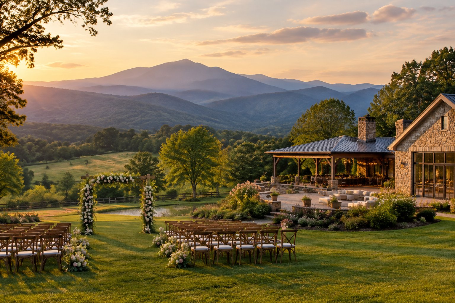 An elegant outdoor wedding venue with floral ceremony seating, an estate building, and mountain ranges in the background.
