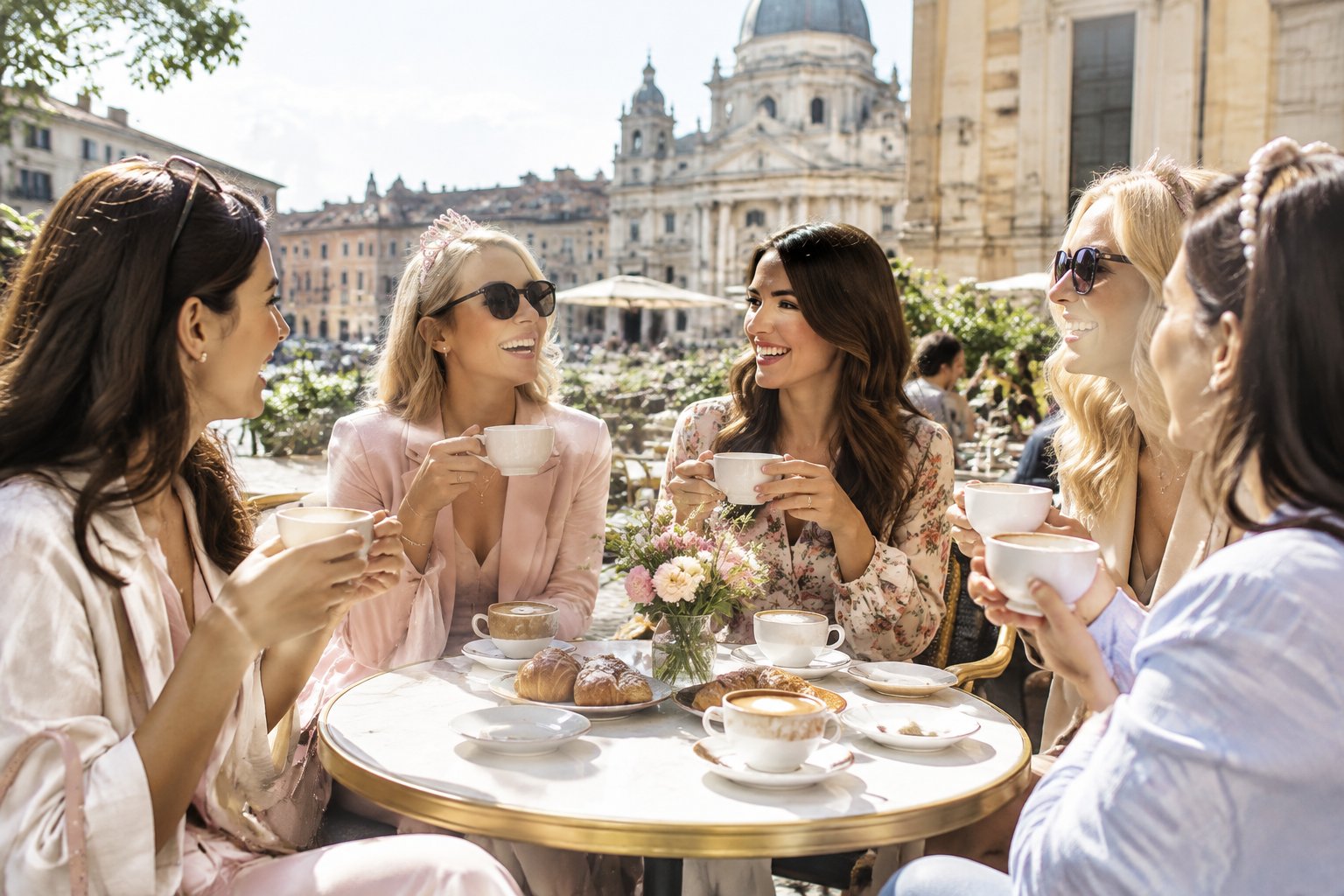 A group of women enjoying coffee together at an outdoor café during a celebratory getaway.