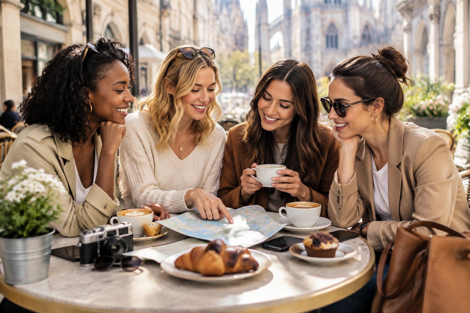 A group of women planning a hen weekend at an outdoor café with coffee and pastries.