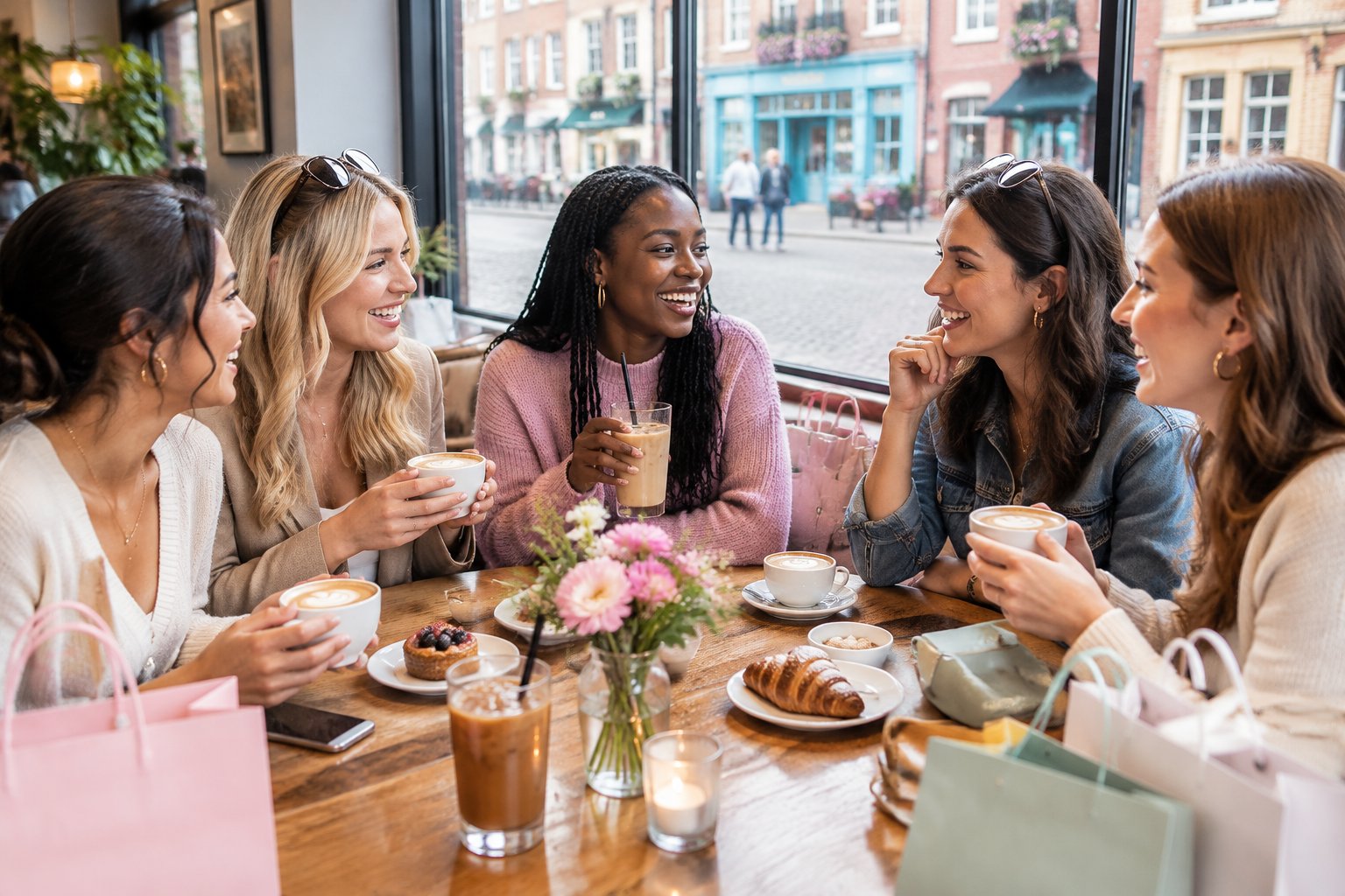A group of friends enjoying specialty coffee together in a bright café on a lively British city street.
