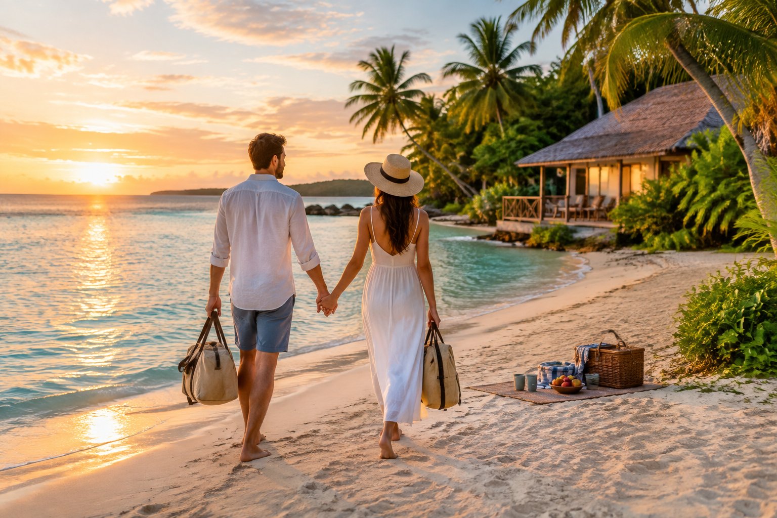 A couple walks hand in hand along a tropical beach near a simple beachfront bungalow.