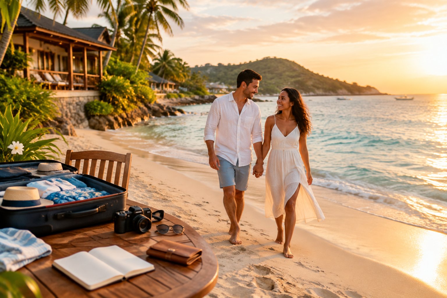 A newlywed couple walks hand in hand along a sunny beach near a modest seaside guesthouse.
