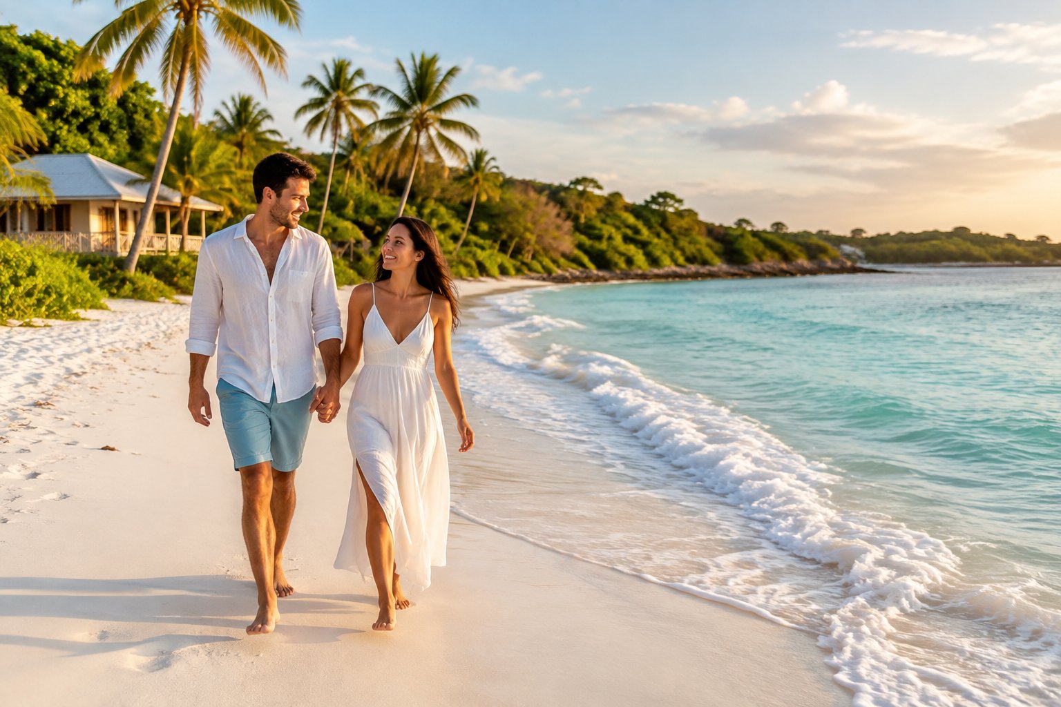 A couple walks hand in hand along a sunny Caribbean beach with turquoise water and palm trees.