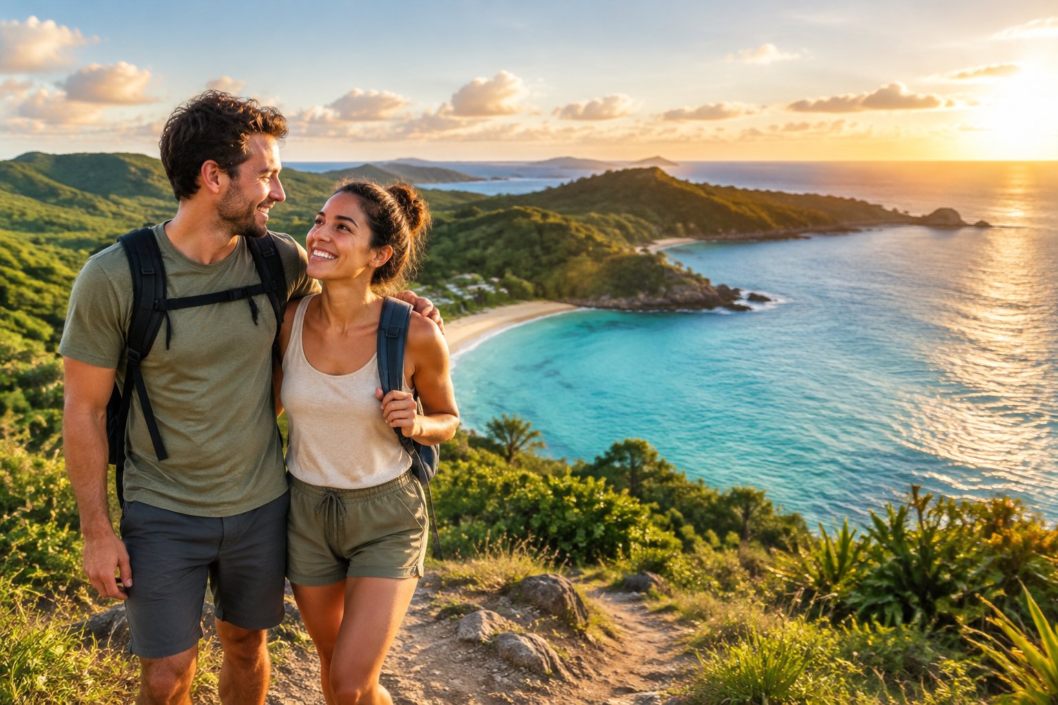 A happy newlywed couple overlooks a turquoise tropical coastline from a lush hiking trail.