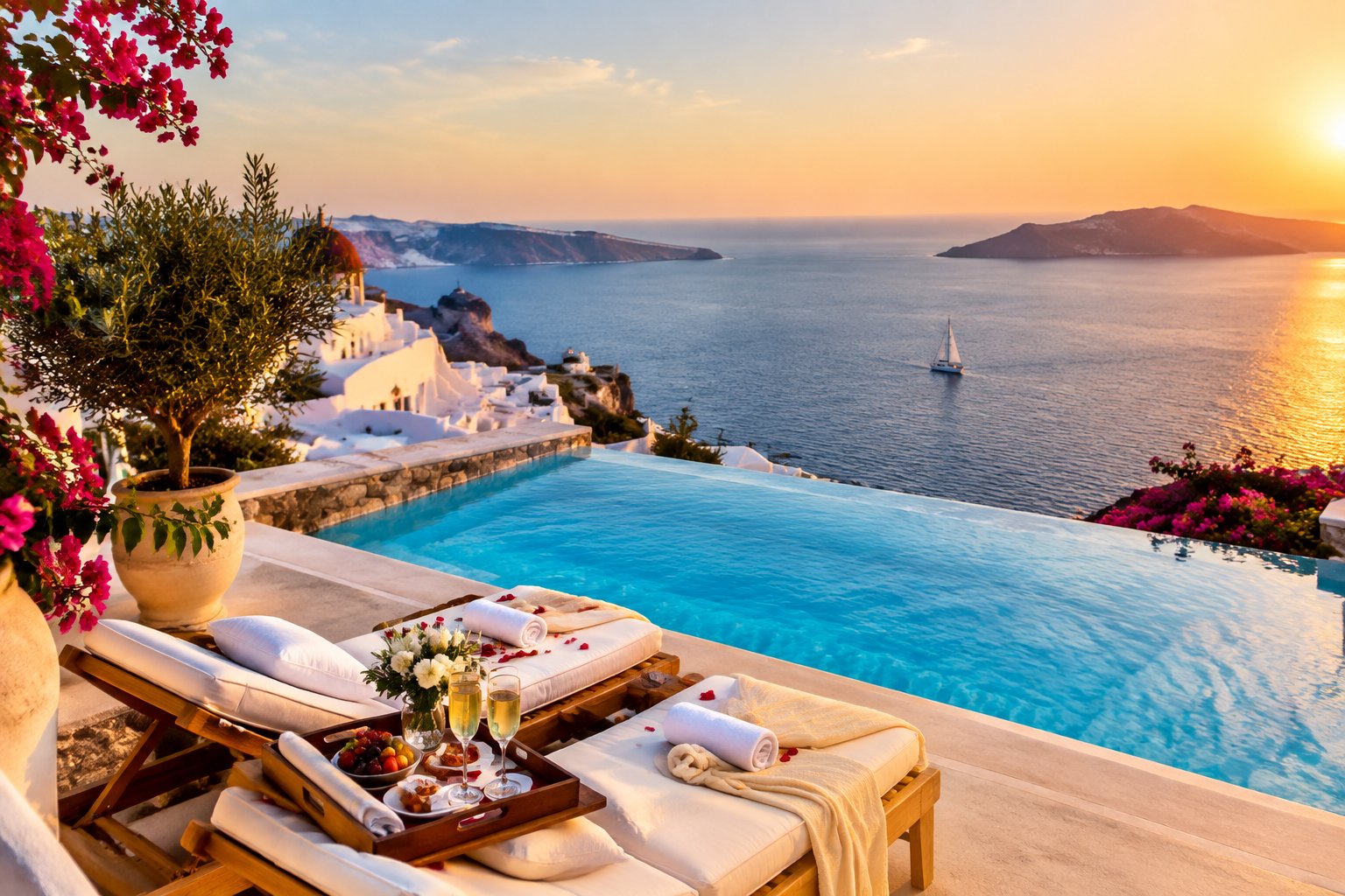 A luxury Greek island resort overlooking the Aegean Sea, with a private pool, romantic terrace, and breakfast setup.