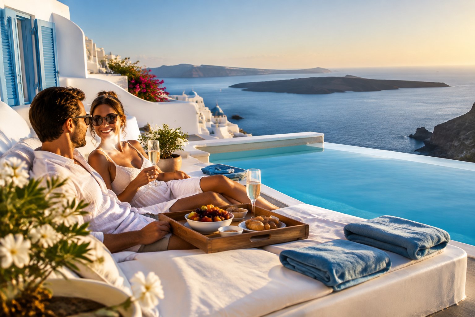 A newlywed couple relaxes on a Greek island terrace overlooking the turquoise Aegean Sea.