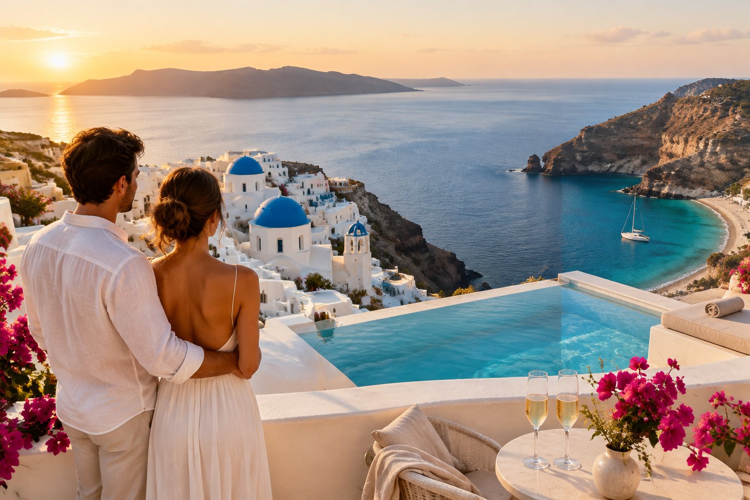A couple overlooks the Aegean Sea from a Greek island terrace with a resort pool, whitewashed village, and secluded cove.