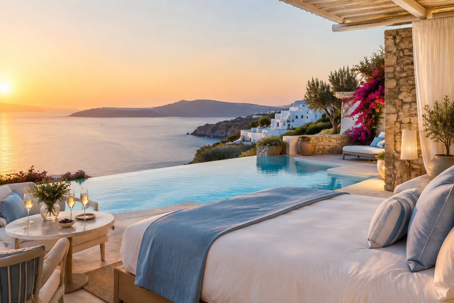 A luxurious Greek island resort suite terrace overlooking an infinity pool and the Aegean Sea.
