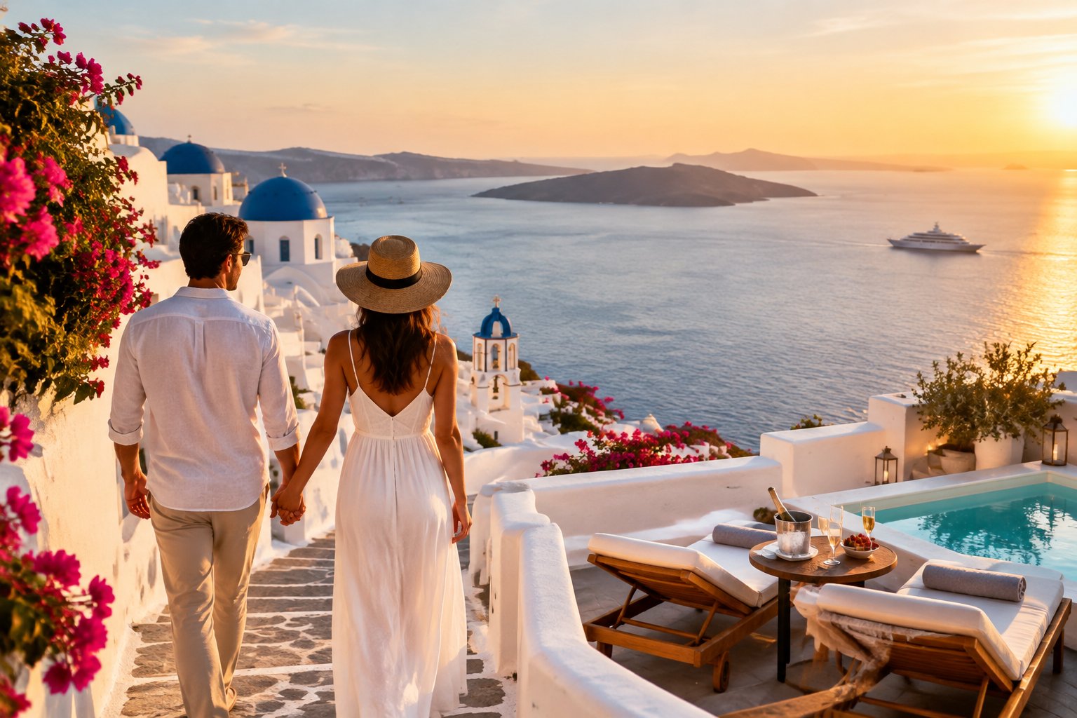 A newlywed couple walks hand in hand through a whitewashed Greek seaside village overlooking the turquoise Aegean Sea.
