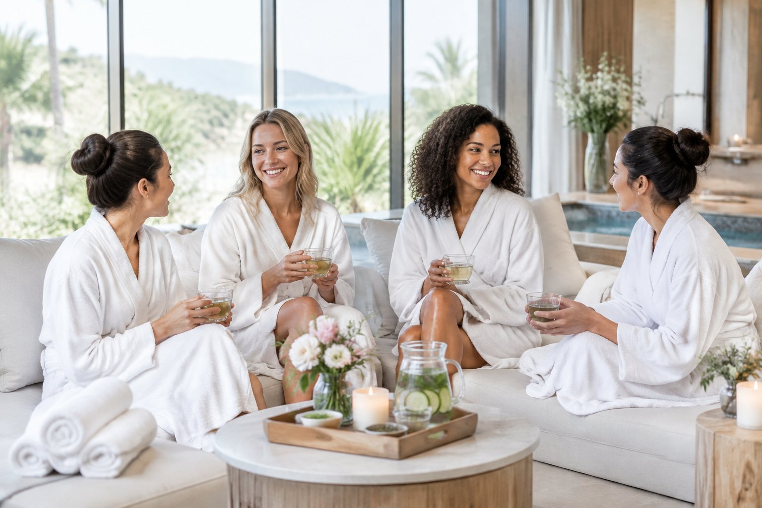 A group of women relaxing together in a luxurious spa retreat.
