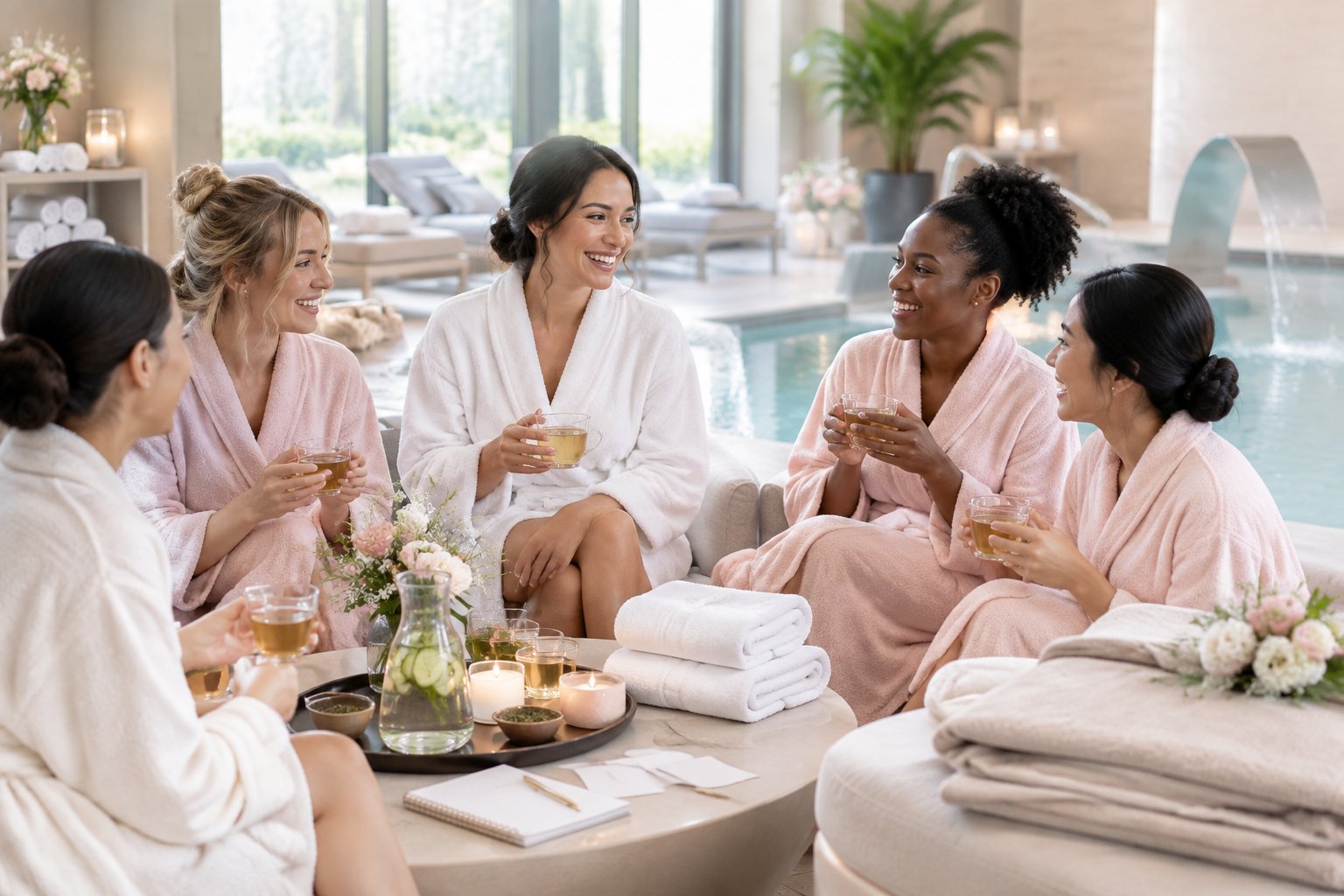 Friends in robes relaxing together at a luxurious day spa.
