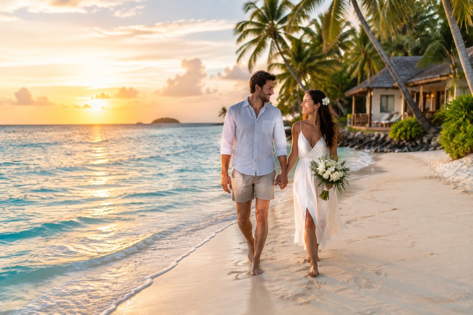 A newlywed couple walks hand in hand along a sunny tropical beach beside a modest beachfront bungalow.