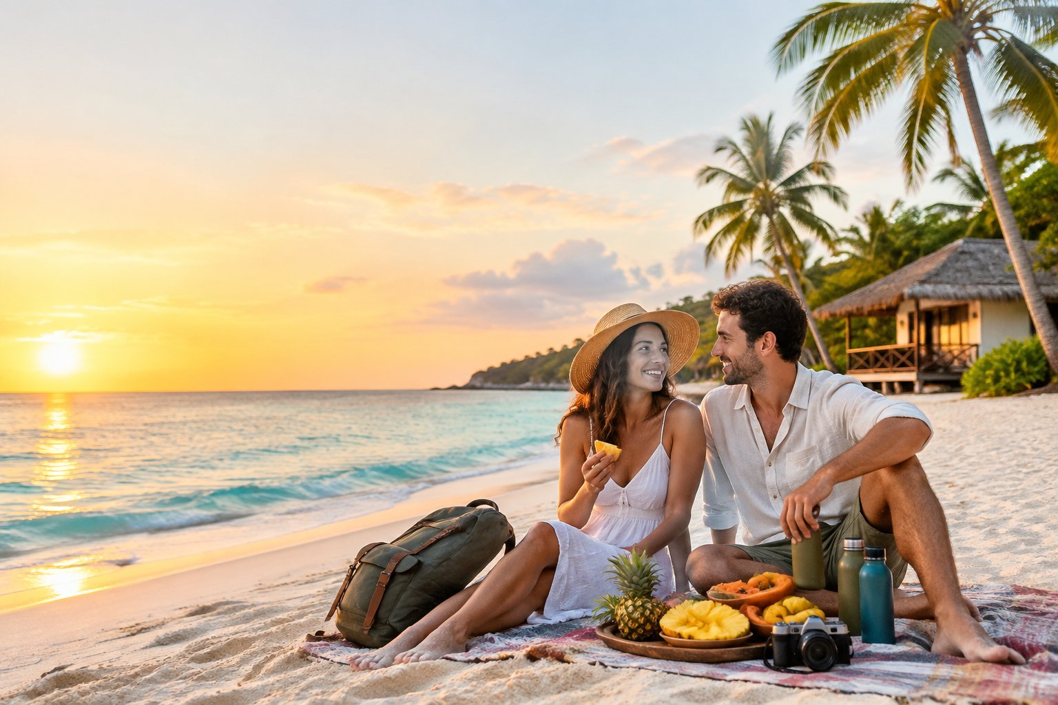 A newlywed couple relaxes on an affordable tropical beach near a simple seaside guesthouse.