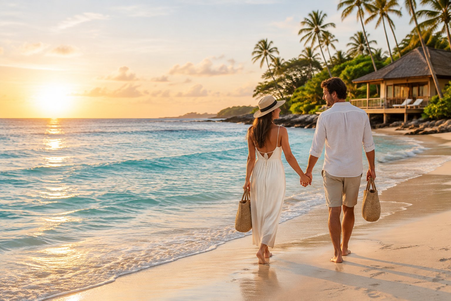A couple walks hand in hand along a peaceful tropical beach at sunset.