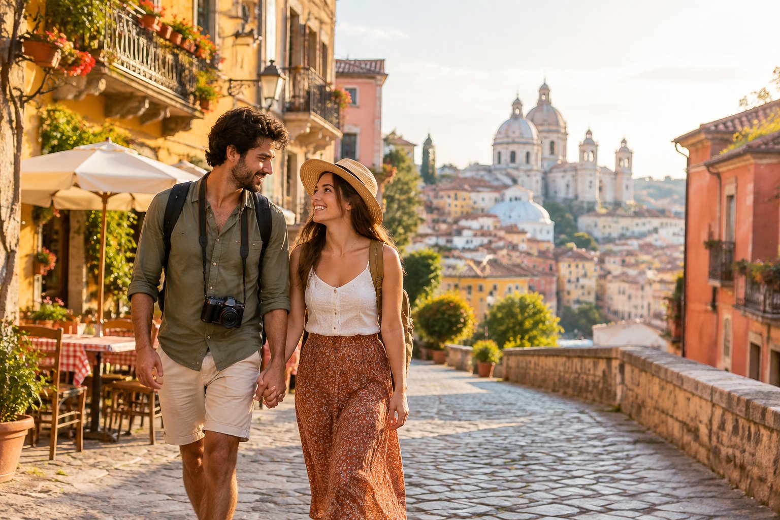 A newlywed couple walks hand in hand through a sunlit historic street while exploring a cultural destination.