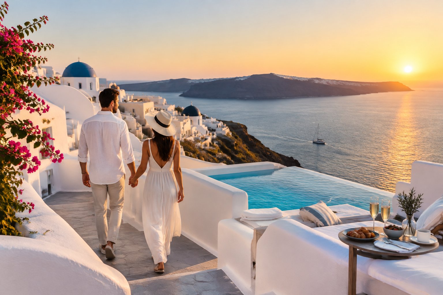 A couple walks hand in hand along a whitewashed Greek terrace overlooking the blue sea, with a pool and bougainvillea nearby.