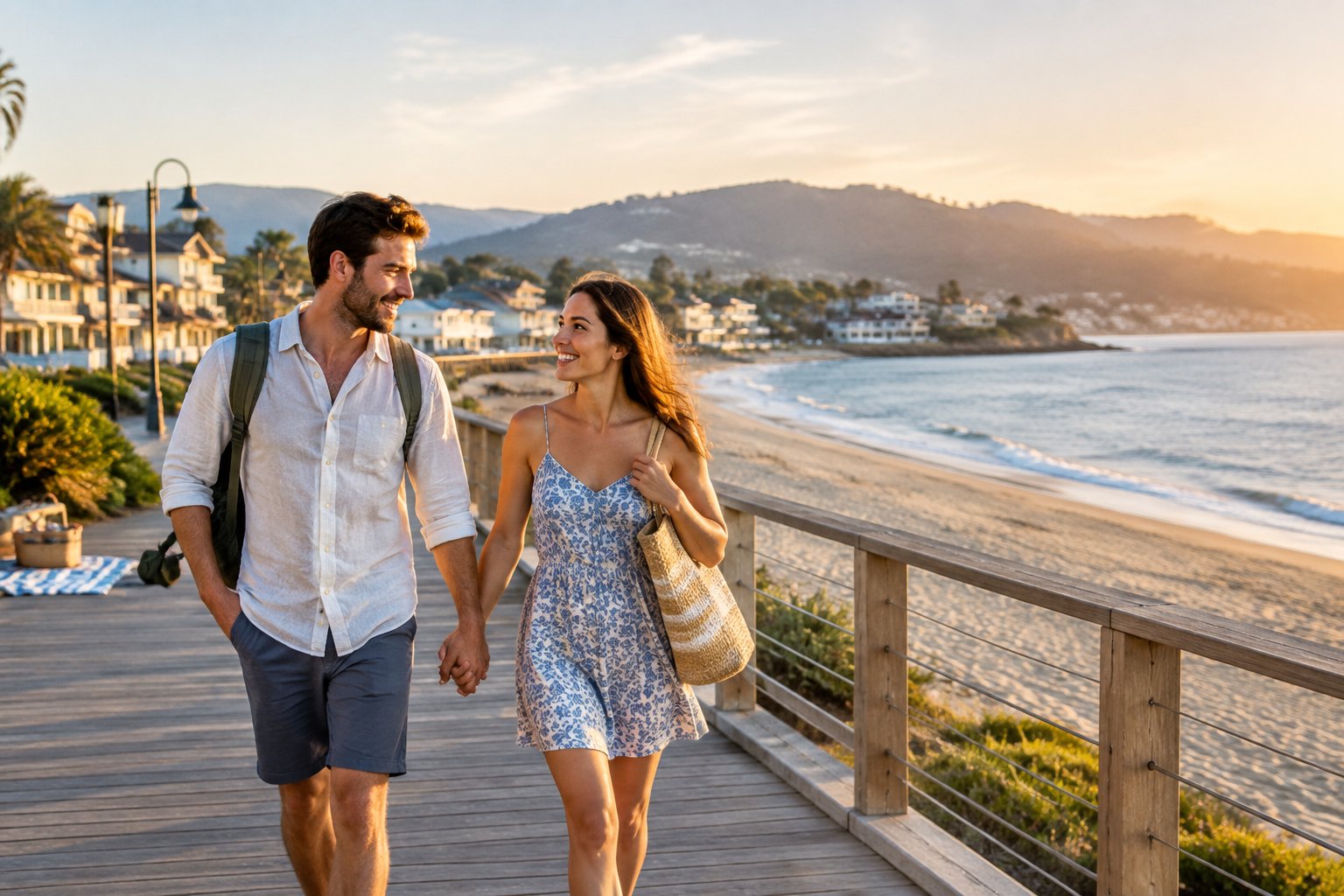 A newlywed couple walks hand in hand along a sunny coastal boardwalk with a beach, greenery, and a small city in the background.