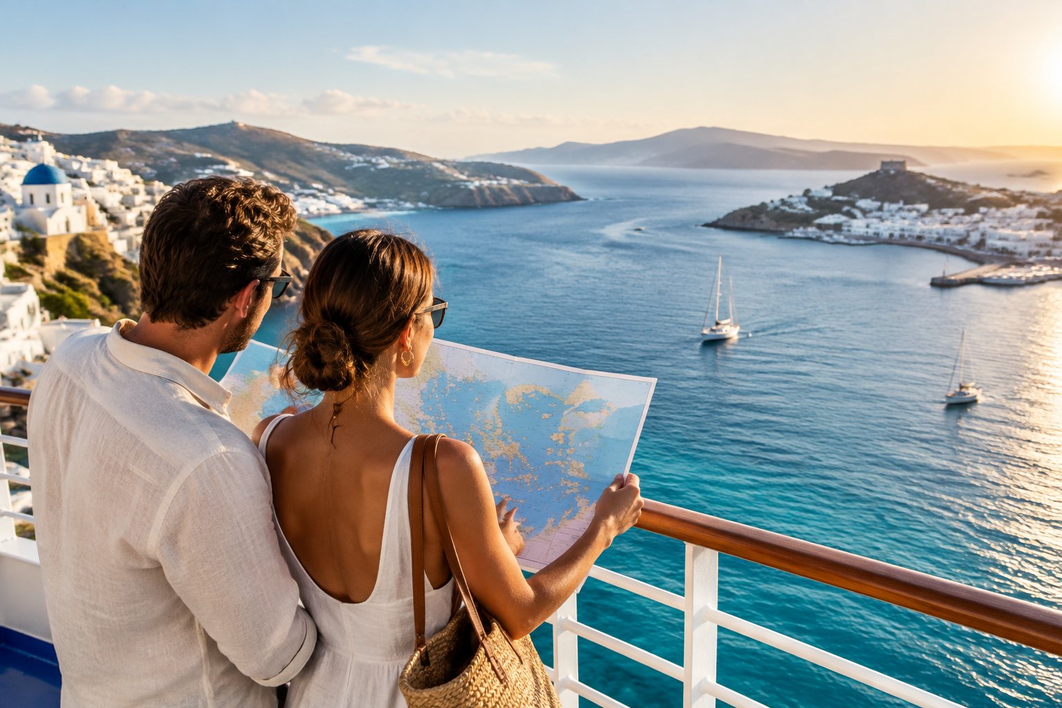 A couple studies a map on a ferry while viewing Greek islands across the sea.