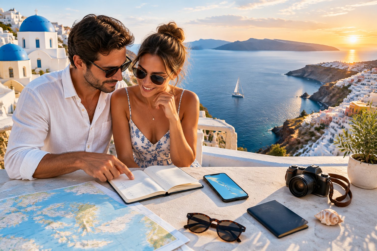 A couple reviews a travel itinerary on a sunny Greek island terrace overlooking the Aegean Sea.