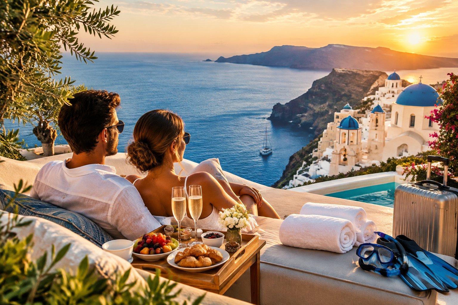 A couple enjoys a romantic resort terrace overlooking the blue Aegean Sea, with breakfast, champagne, and travel items nearby.