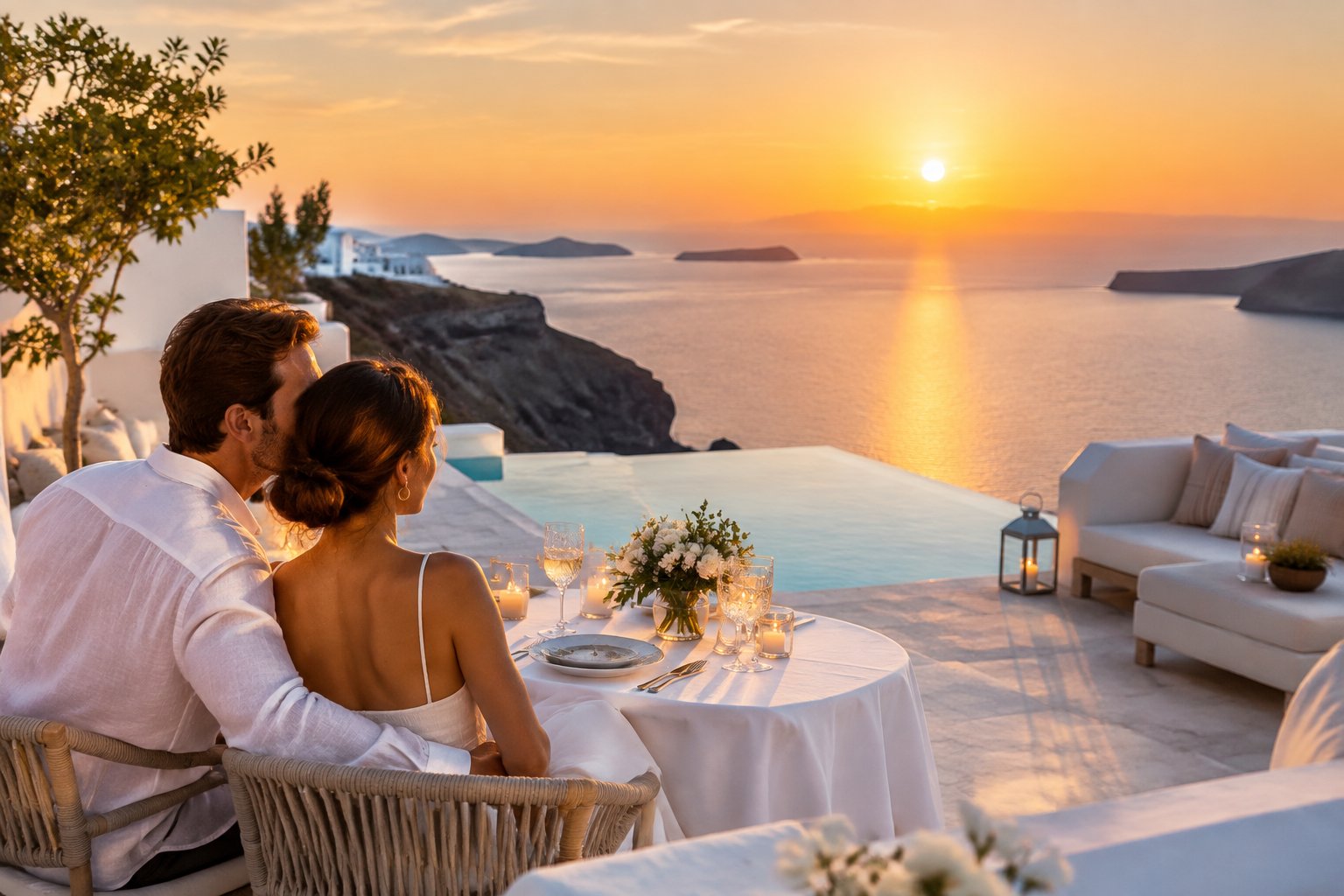 A couple enjoys a romantic sunset on a luxurious Greek island terrace overlooking the sea.