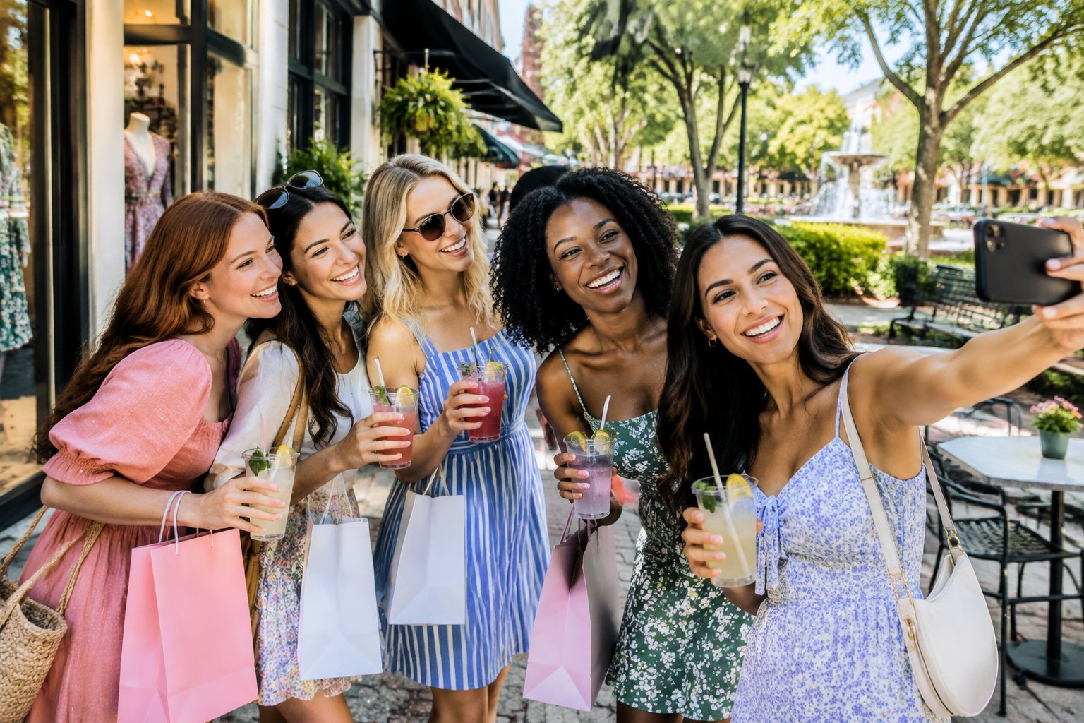 A group of women celebrating together during a sunny outing in downtown DeLand.