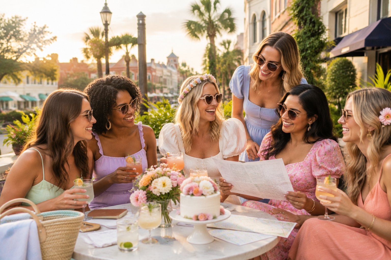 A group of women enjoying a stylish hen party gathering outdoors in a sunny Florida setting.
