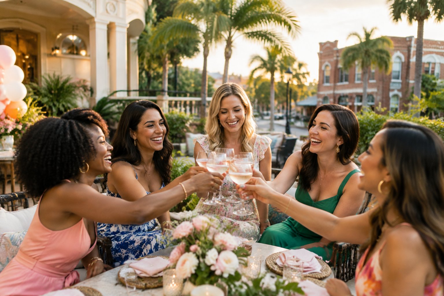 A group of women celebrating together at a stylish Florida hotel courtyard.